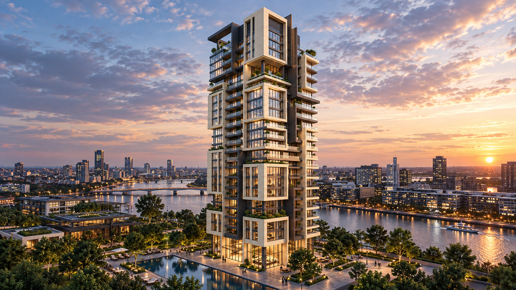 Aurelia Quay tower at sunset above its landscaped pool plaza, river and city skyline beyond