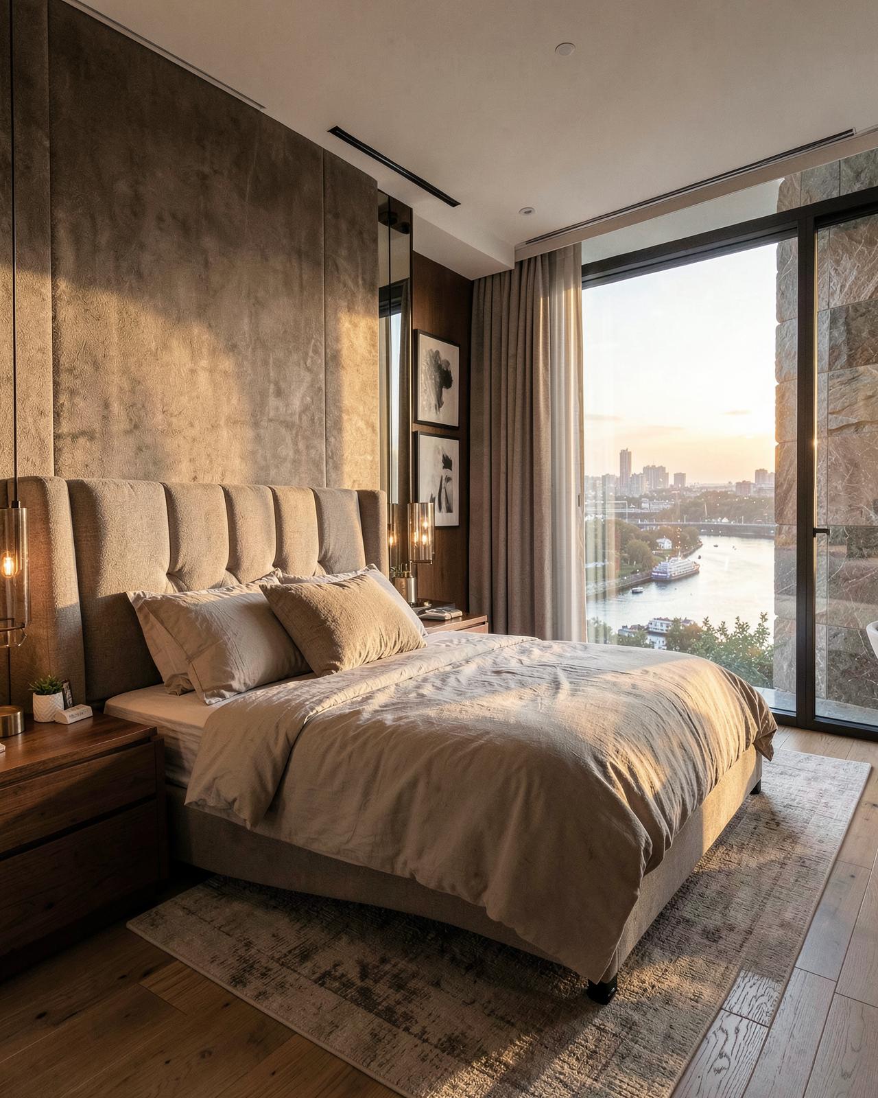 Principal bedroom with river view at sunrise