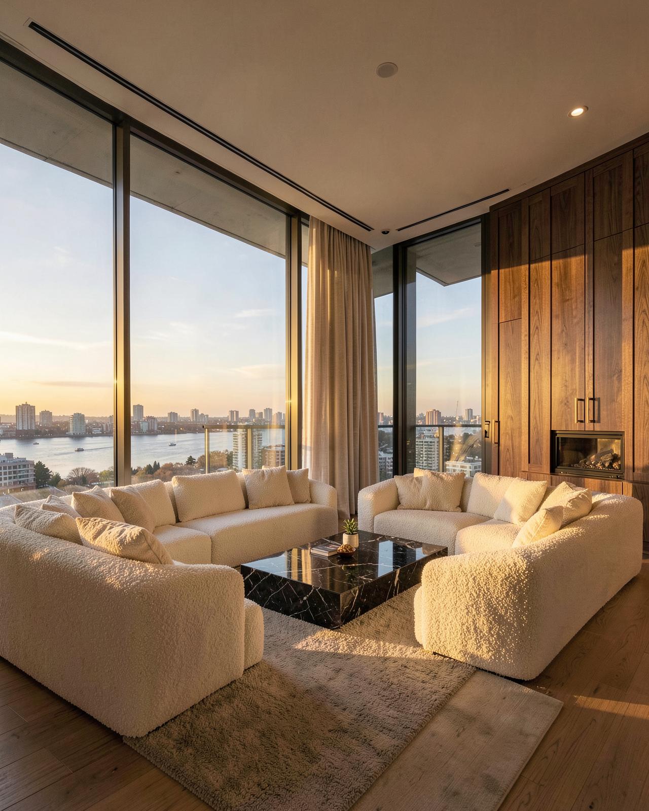Penthouse living room with floor-to-ceiling glass over the river at sunset