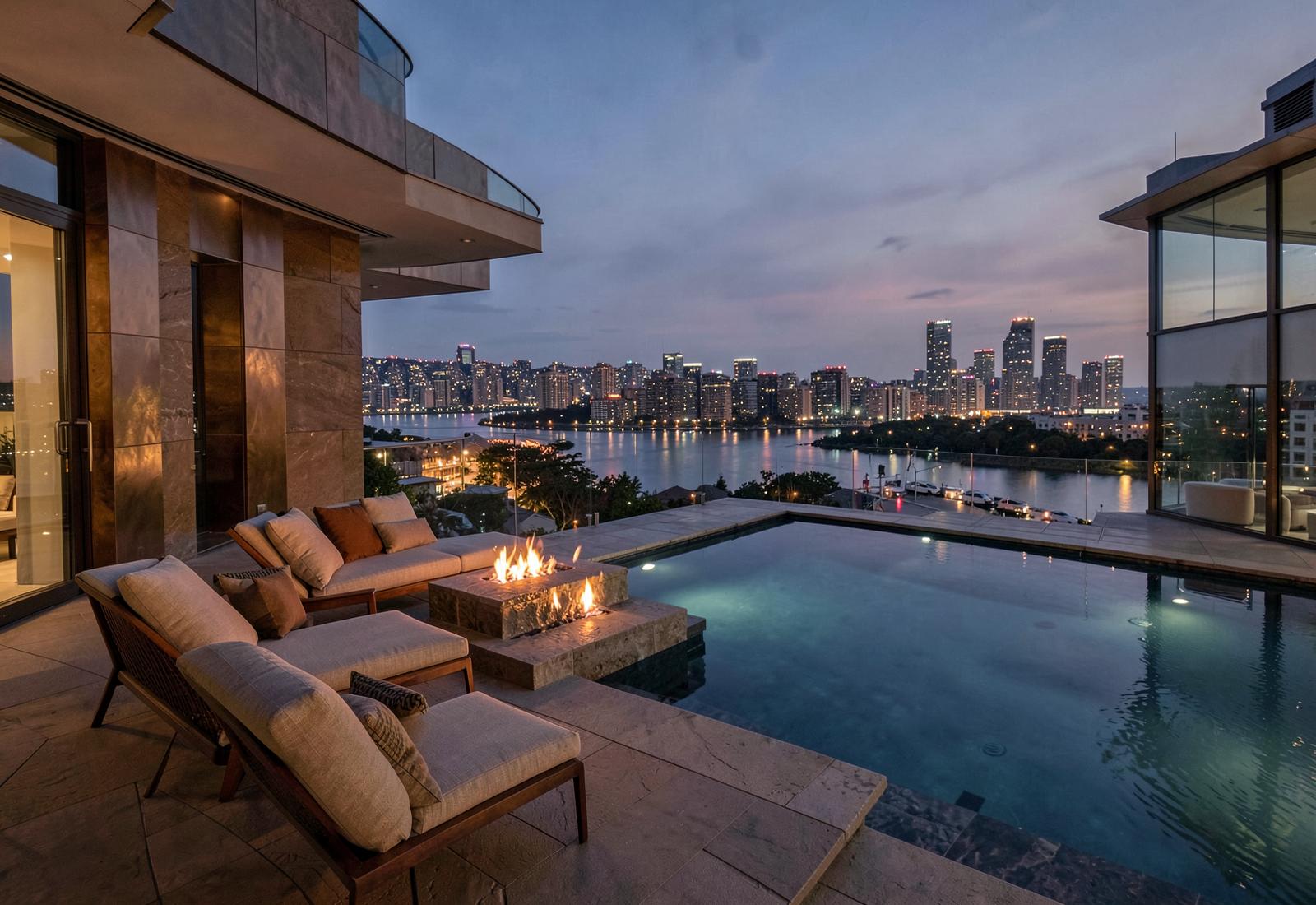 Rooftop infinity pool and fire lounge overlooking the city at dusk